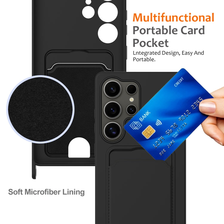 For Samsung Galaxy S25 Ultra 5G Integrated Card Bag Solid Color Liquid Silicone Phone Case with Lanyard(Black) by buy2fix