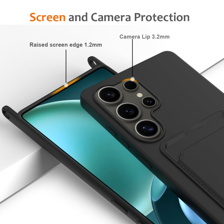 For Samsung Galaxy S25 Ultra 5G Integrated Card Bag Solid Color Liquid Silicone Phone Case with Lanyard(Black) by buy2fix