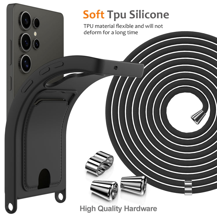 For Samsung Galaxy S25 Ultra 5G Integrated Card Bag Solid Color Liquid Silicone Phone Case with Lanyard(Black) by buy2fix