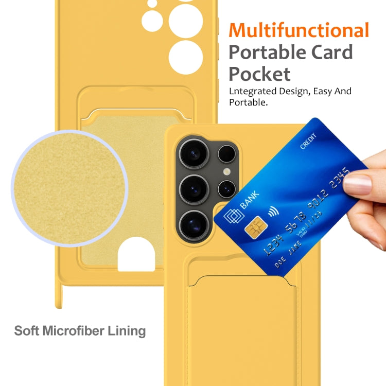 For Samsung Galaxy S25 Ultra 5G Integrated Card Bag Solid Color Liquid Silicone Phone Case with Lanyard(Yellow) by buy2fix