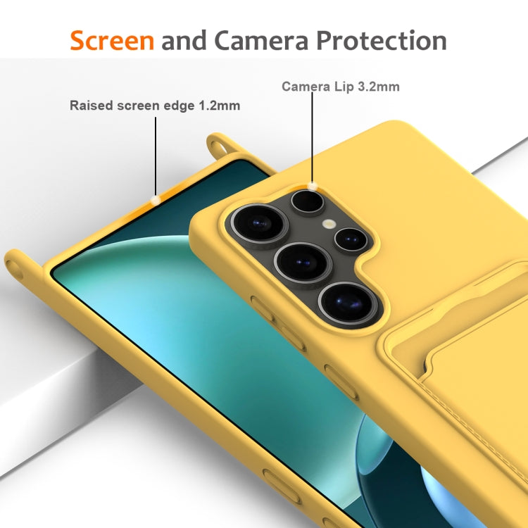 For Samsung Galaxy S25 Ultra 5G Integrated Card Bag Solid Color Liquid Silicone Phone Case with Lanyard(Yellow) by buy2fix