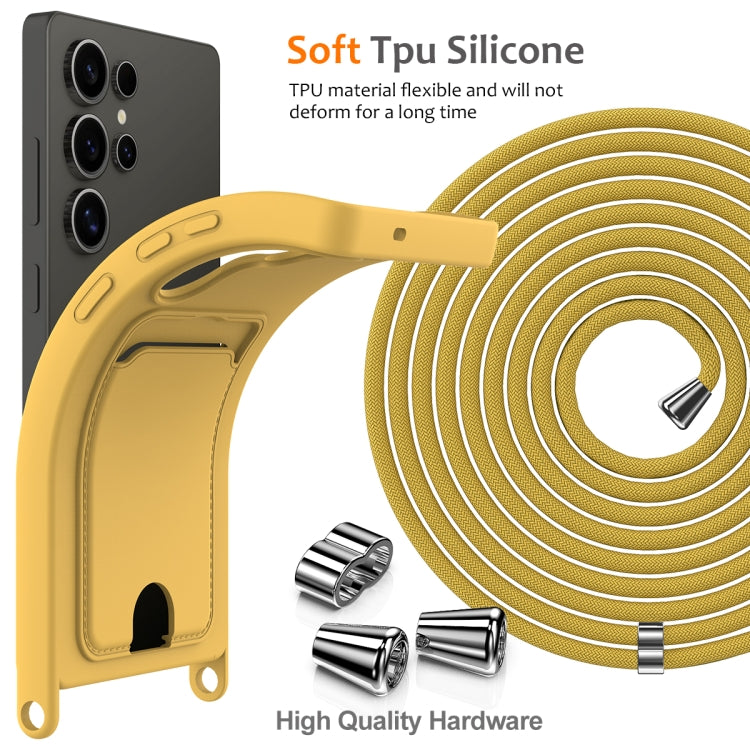 For Samsung Galaxy S25 Ultra 5G Integrated Card Bag Solid Color Liquid Silicone Phone Case with Lanyard(Yellow) by buy2fix