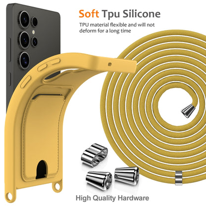 For Samsung Galaxy S25 Ultra 5G Integrated Card Bag Solid Color Liquid Silicone Phone Case with Lanyard(Yellow) by buy2fix