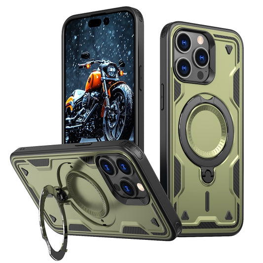 For iPhone 15 Pro PC Hybrid TPU Armor MagSafe Ring Holder Phone Case(Olive Green) - iPhone 15 Pro Cases by buy2fix | Online Shopping UK | buy2fix