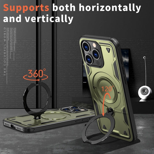 For iPhone 15 Pro PC Hybrid TPU Armor MagSafe Ring Holder Phone Case(Olive Green) - iPhone 15 Pro Cases by buy2fix | Online Shopping UK | buy2fix