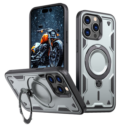 For iPhone 15 Pro PC Hybrid TPU Armor MagSafe Ring Holder Phone Case(Grey) - iPhone 15 Pro Cases by buy2fix | Online Shopping UK | buy2fix