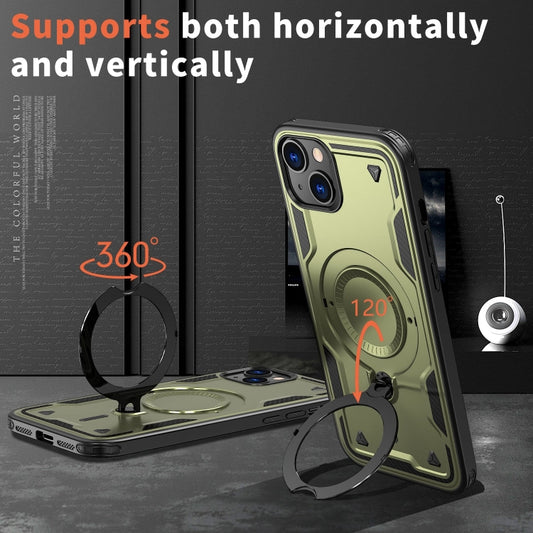 For iPhone 14 Plus PC Hybrid TPU Armor MagSafe Ring Holder Phone Case(Olive Green) - iPhone 14 Plus Cases by buy2fix | Online Shopping UK | buy2fix
