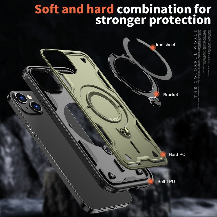 For iPhone 14 Plus PC Hybrid TPU Armor MagSafe Ring Holder Phone Case(Olive Green) - iPhone 14 Plus Cases by buy2fix | Online Shopping UK | buy2fix