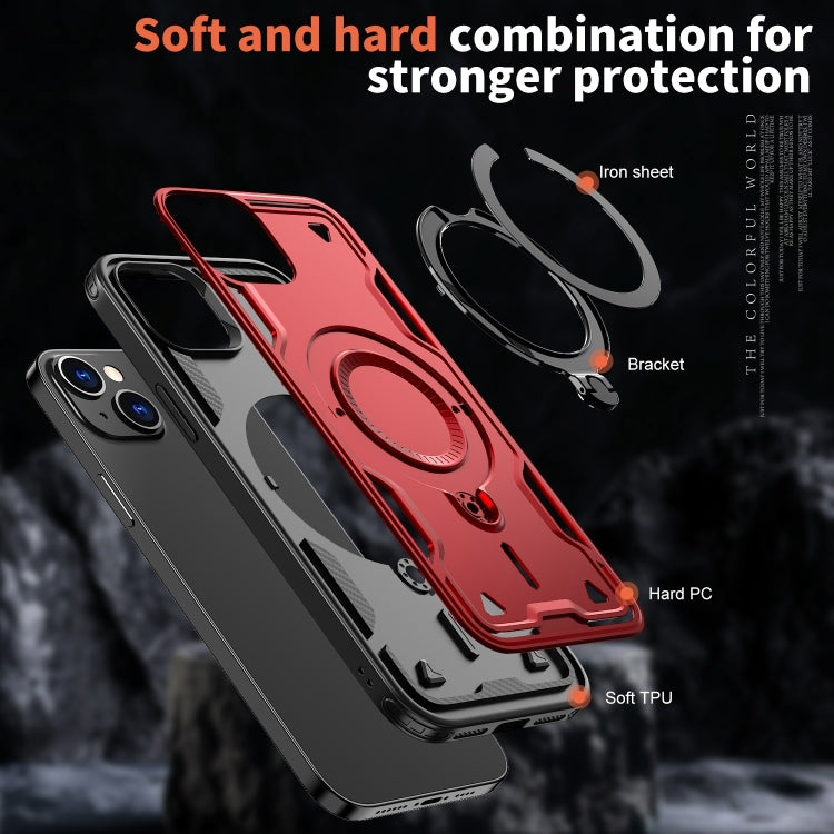 For iPhone 14 PC Hybrid TPU Armor MagSafe Ring Holder Phone Case(Red) by buy2fix