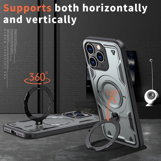 For iPhone 14 Pro PC Hybrid TPU Armor MagSafe Ring Holder Phone Case(Grey) - iPhone 14 Pro Cases by buy2fix | Online Shopping UK | buy2fix