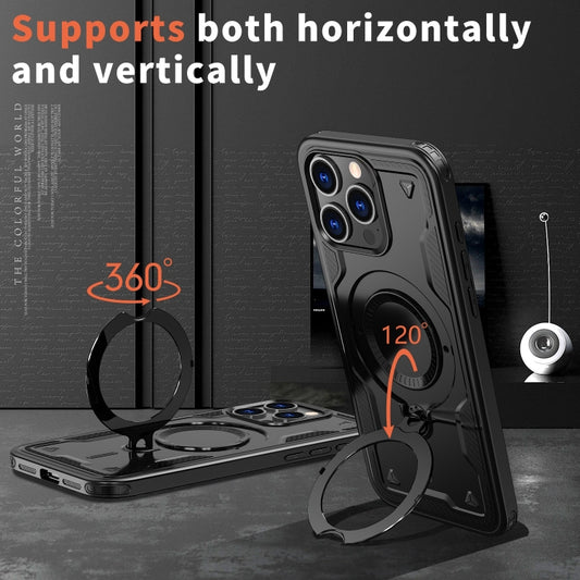 For iPhone 13 Pro Max PC Hybrid TPU Armor MagSafe Ring Holder Phone Case(Black) by buy2fix