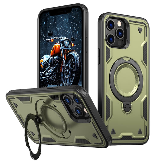 For iPhone 12 Pro Max PC Hybrid TPU Armor MagSafe Ring Holder Phone Case(Olive Green) by buy2fix