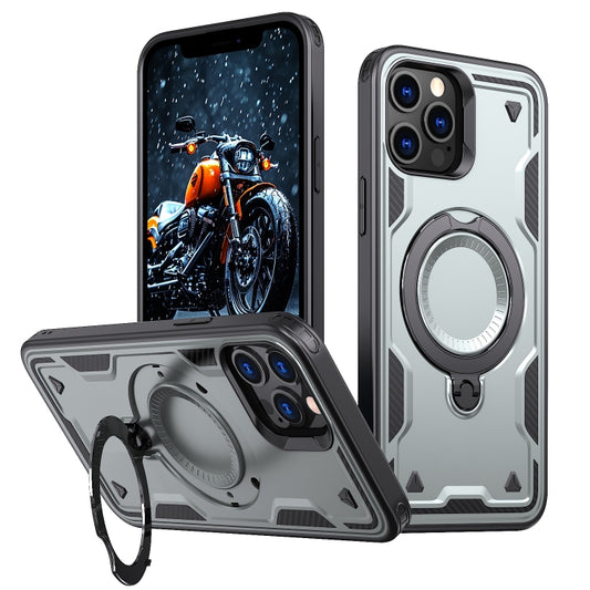 For iPhone 12 Pro Max PC Hybrid TPU Armor MagSafe Ring Holder Phone Case(Grey) by buy2fix