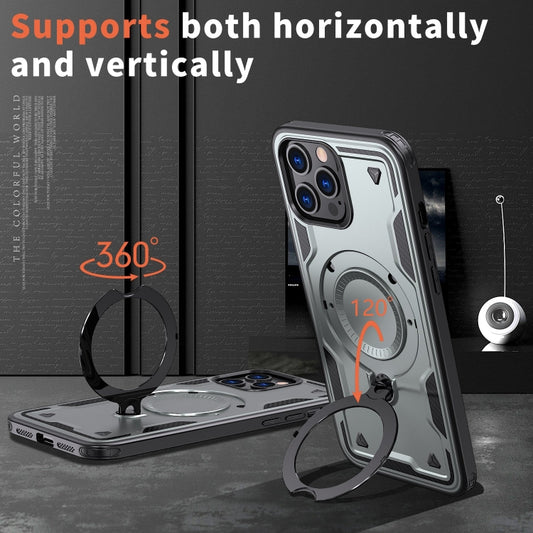 For iPhone 12 Pro Max PC Hybrid TPU Armor MagSafe Ring Holder Phone Case(Grey) by buy2fix