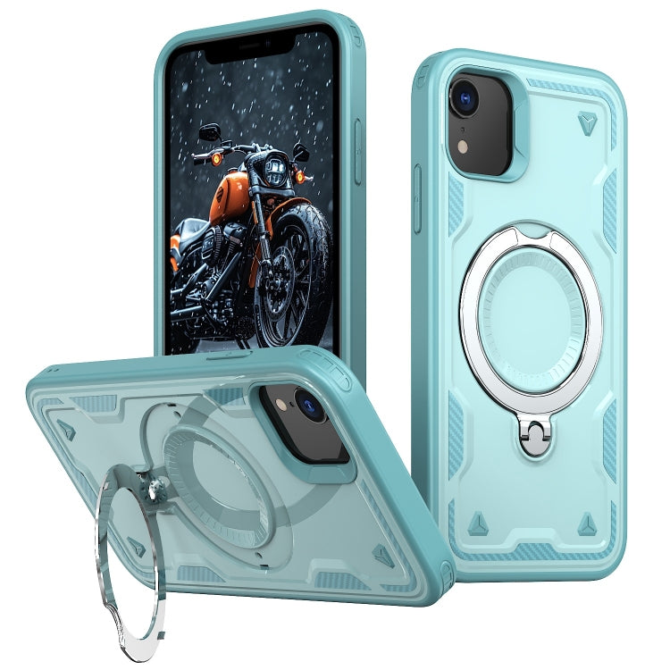 For iPhone XR PC Hybrid TPU Armor MagSafe Ring Holder Phone Case(Light Blue) by buy2fix
