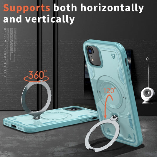 For iPhone XR PC Hybrid TPU Armor MagSafe Ring Holder Phone Case(Light Blue) by buy2fix