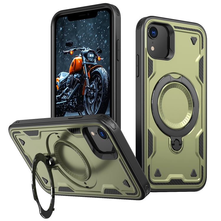 For iPhone XR PC Hybrid TPU Armor MagSafe Ring Holder Phone Case(Olive Green) by buy2fix