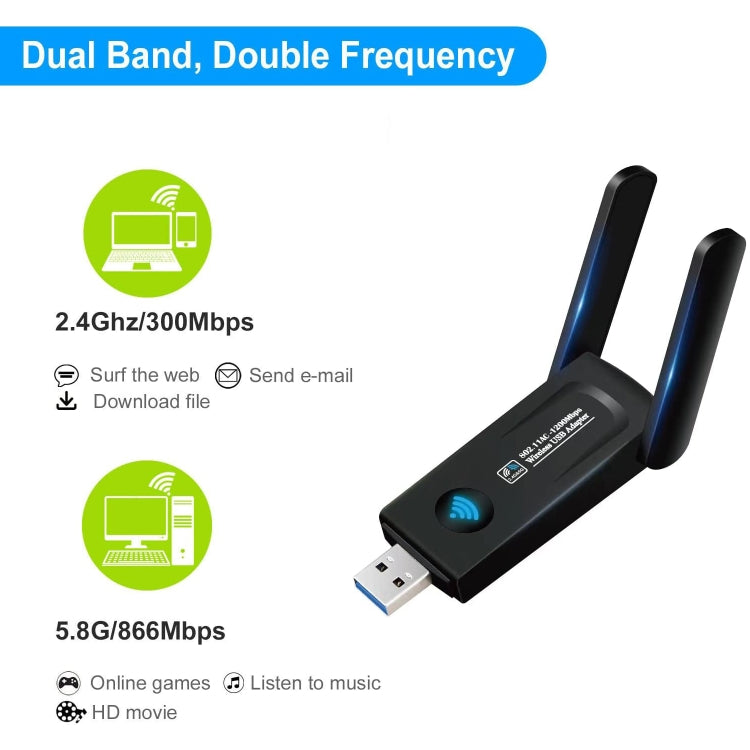 RE-1202 1200Mbps Dual Band Wireless Network Card WiFi USB3.0 Adapter Transmitter Receiver by buy2fix