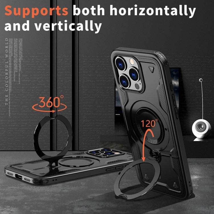 For iPhone 16 Pro Max PC Hybrid TPU Armor MagSafe Ring Holder Phone Case(Black) by buy2fix