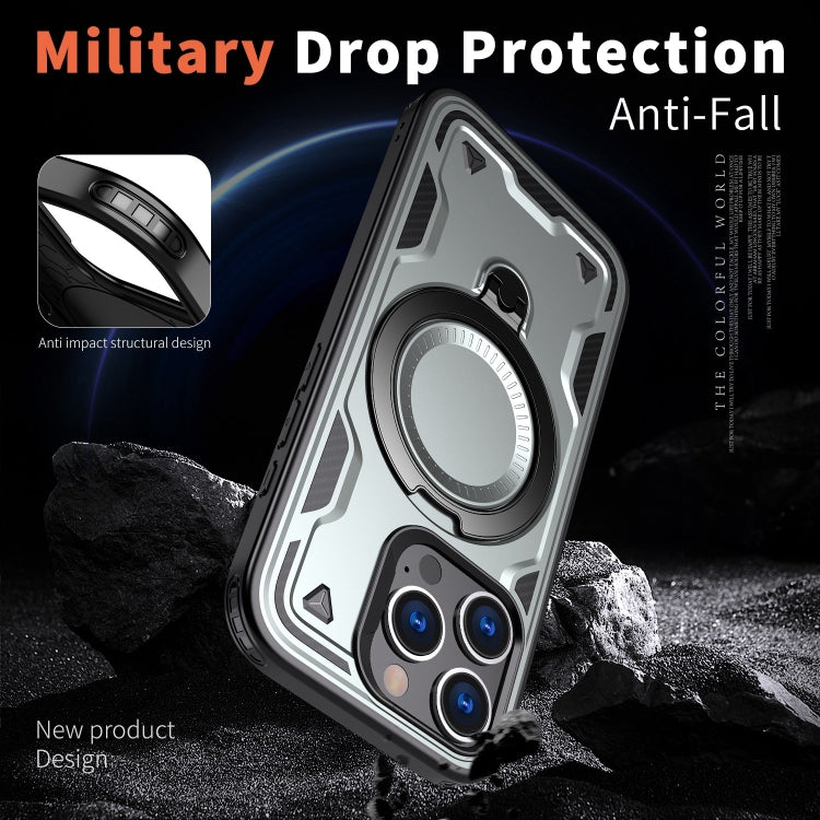 For iPhone 16 Pro PC Hybrid TPU Armor MagSafe Ring Holder Phone Case(Grey) by buy2fix