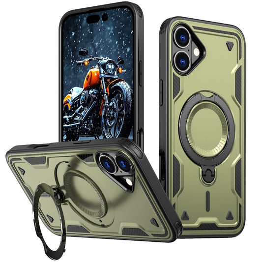 For iPhone 16 Plus PC Hybrid TPU Armor MagSafe Ring Holder Phone Case(Olive Green) - iPhone 16 Plus Cases by buy2fix | Online Shopping UK | buy2fix