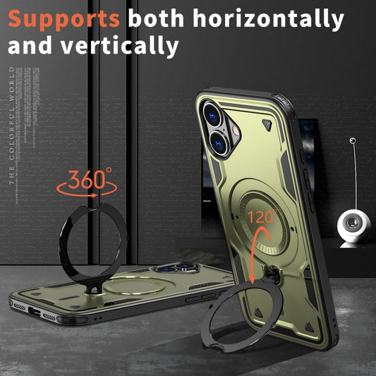 For iPhone 16 Plus PC Hybrid TPU Armor MagSafe Ring Holder Phone Case(Olive Green) - iPhone 16 Plus Cases by buy2fix | Online Shopping UK | buy2fix