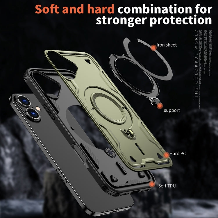 For iPhone 16 Plus PC Hybrid TPU Armor MagSafe Ring Holder Phone Case(Olive Green) - iPhone 16 Plus Cases by buy2fix | Online Shopping UK | buy2fix