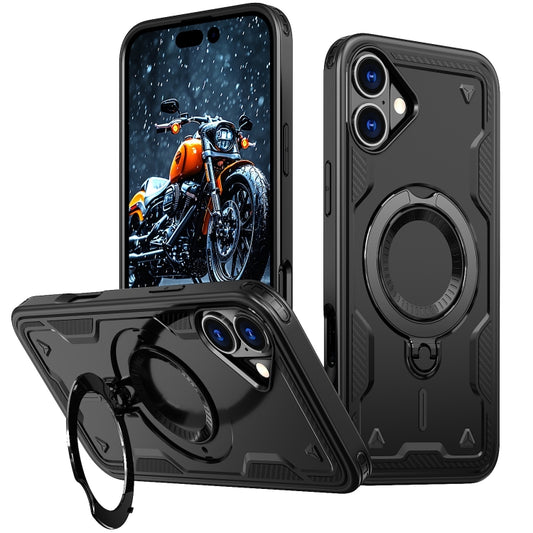 For iPhone 16 Plus PC Hybrid TPU Armor MagSafe Ring Holder Phone Case(Black) - iPhone 16 Plus Cases by buy2fix | Online Shopping UK | buy2fix