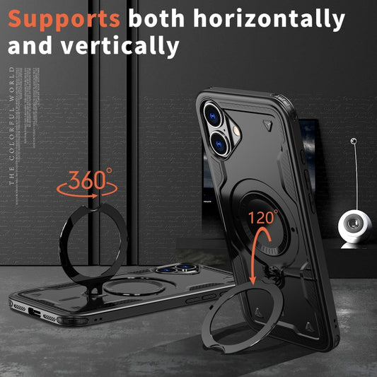 For iPhone 16 Plus PC Hybrid TPU Armor MagSafe Ring Holder Phone Case(Black) - iPhone 16 Plus Cases by buy2fix | Online Shopping UK | buy2fix