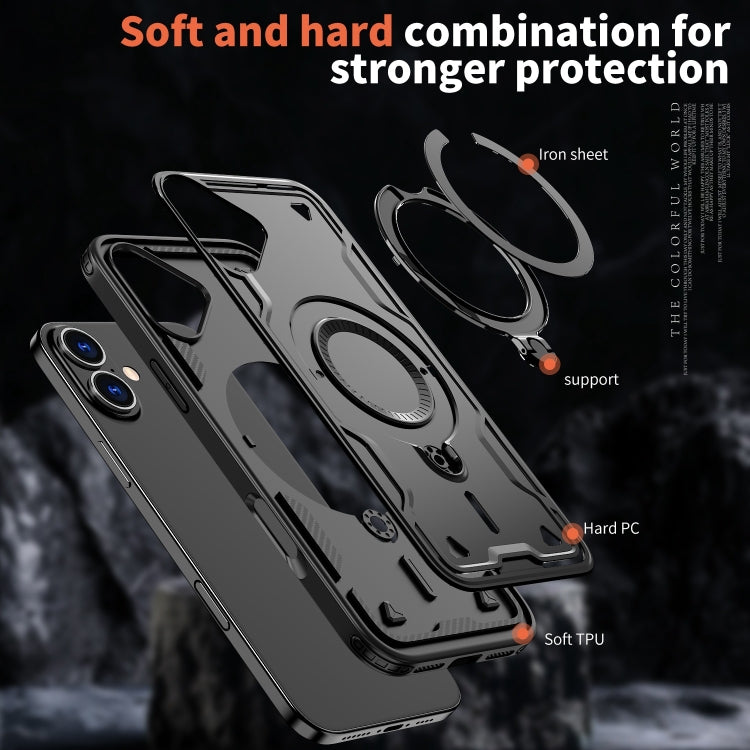 For iPhone 16 Plus PC Hybrid TPU Armor MagSafe Ring Holder Phone Case(Black) - iPhone 16 Plus Cases by buy2fix | Online Shopping UK | buy2fix
