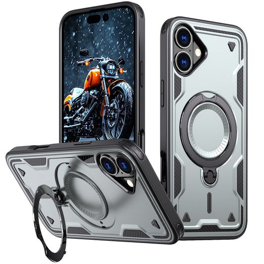 For iPhone 16 Plus PC Hybrid TPU Armor MagSafe Ring Holder Phone Case(Grey) - iPhone 16 Plus Cases by buy2fix | Online Shopping UK | buy2fix