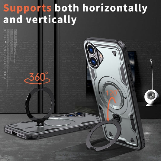 For iPhone 16 Plus PC Hybrid TPU Armor MagSafe Ring Holder Phone Case(Grey) - iPhone 16 Plus Cases by buy2fix | Online Shopping UK | buy2fix