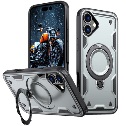 For iPhone 16 PC Hybrid TPU Armor MagSafe Ring Holder Phone Case(Grey) - iPhone 16 Cases by buy2fix | Online Shopping UK | buy2fix