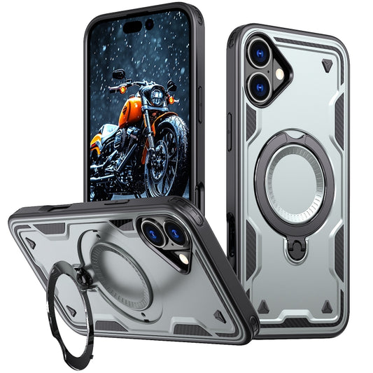 For iPhone 16 PC Hybrid TPU Armor MagSafe Ring Holder Phone Case(Grey) - iPhone 16 Cases by buy2fix | Online Shopping UK | buy2fix