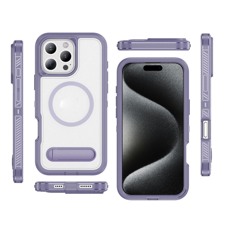 For iPhone 16 Pro Guard MagSafe Holder Matte PC Hybrid TPU Phone Case(Purple Transparent) by buy2fix