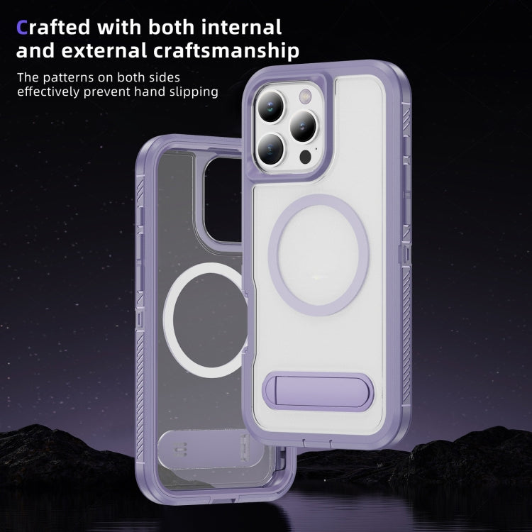 For iPhone 16 Pro Guard MagSafe Holder Matte PC Hybrid TPU Phone Case(Purple Transparent) by buy2fix