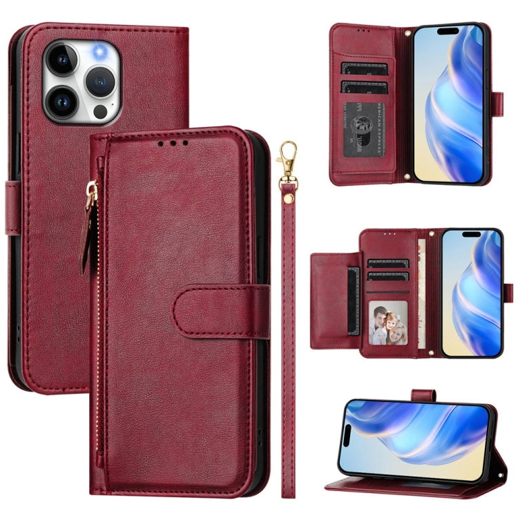 For iPhone 16 Pro Max Multi-Card Slots Zipper Wallet Leather Phone Case(Dark Red) by buy2fix