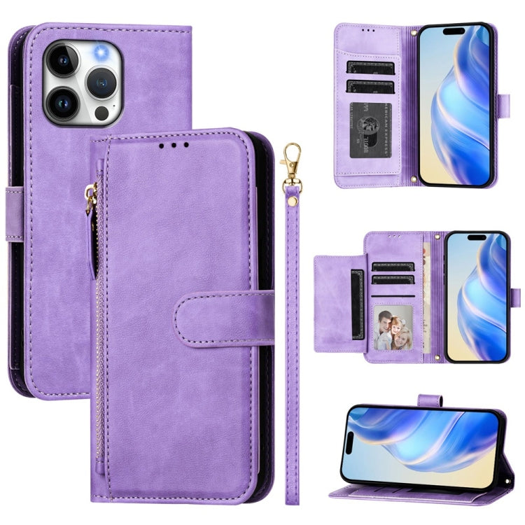 For iPhone 16 Pro Max Multi-Card Slots Zipper Wallet Leather Phone Case(Purple) by buy2fix