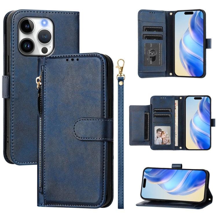 For iPhone 16 Pro Multi-Card Slots Zipper Wallet Leather Phone Case(Blue) by buy2fix