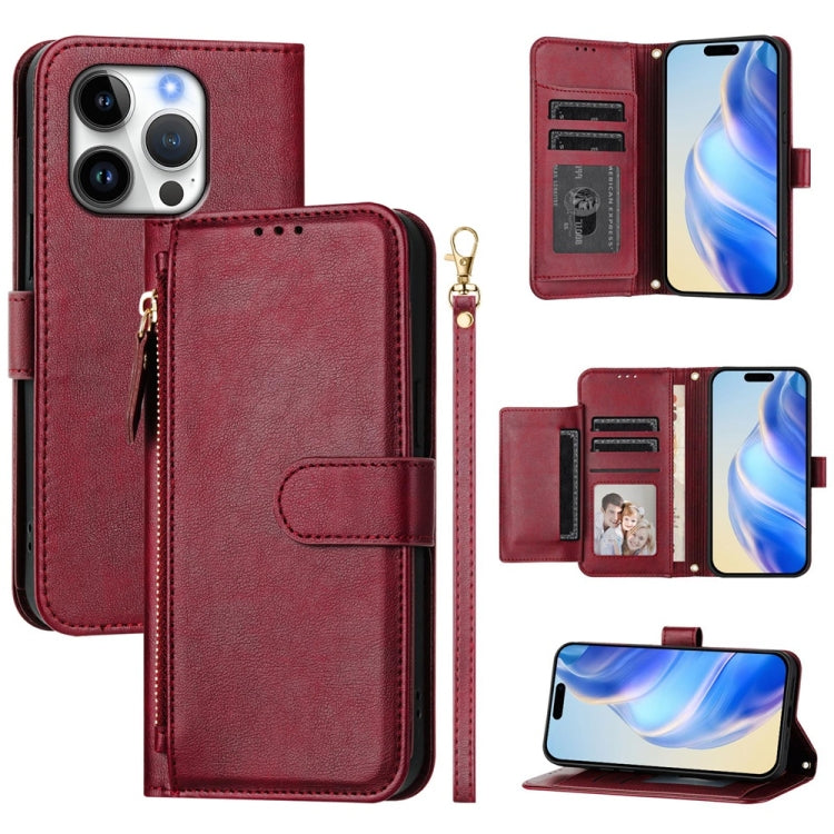 For iPhone 16 Pro Multi-Card Slots Zipper Wallet Leather Phone Case(Dark Red) by buy2fix
