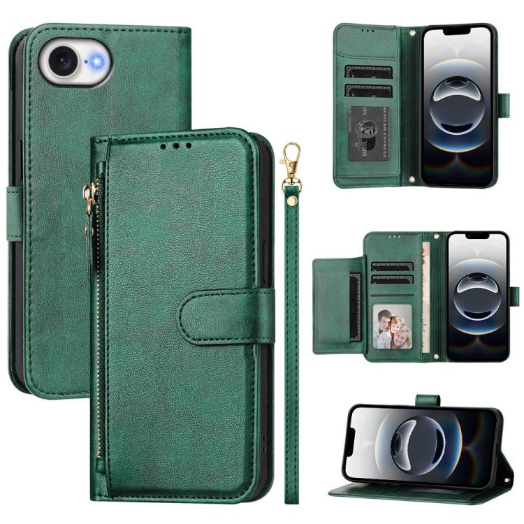 For iPhone 16e Multi-Card Slots Zipper Wallet Leather Phone Case(Green) by buy2fix