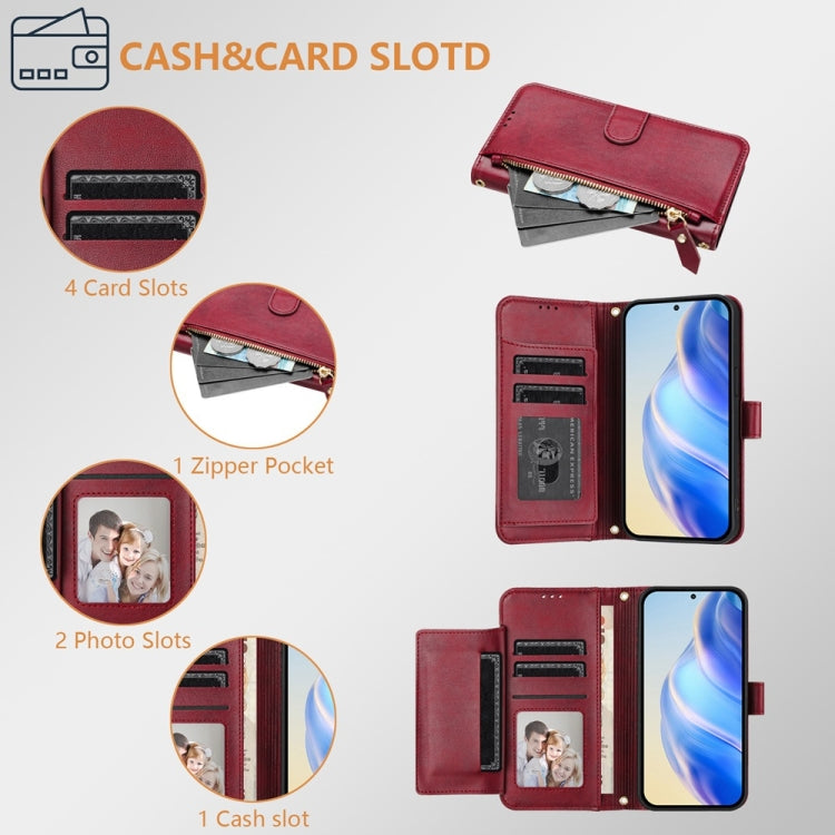 For iPhone 16e Multi-Card Slots Zipper Wallet Leather Phone Case(Dark Red) by buy2fix