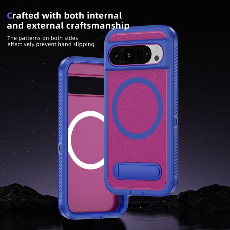 For Google Pixel 9 Pro Guard MagSafe Holder Matte PC Hybrid TPU Phone Case(Blue Rose Red) by buy2fix