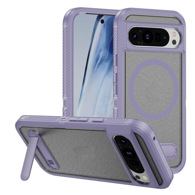 For Google Pixel 9 Pro Guard MagSafe Holder Matte PC Hybrid TPU Phone Case(Purple Transparent) by buy2fix