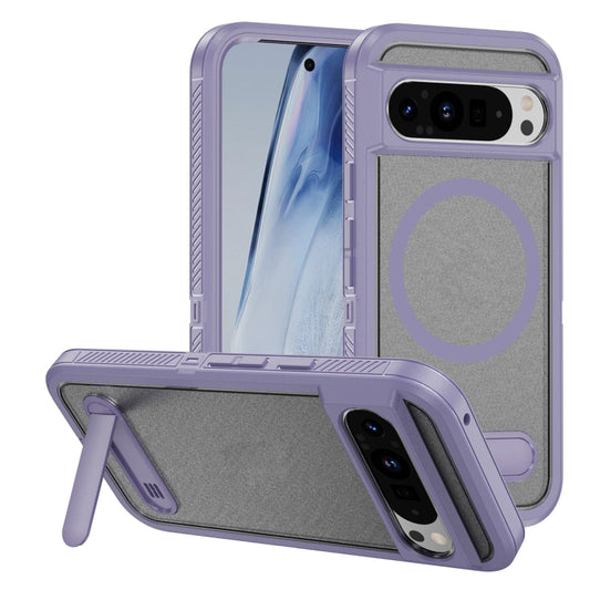 For Google Pixel 9 Pro Guard MagSafe Holder Matte PC Hybrid TPU Phone Case(Purple Transparent) by buy2fix