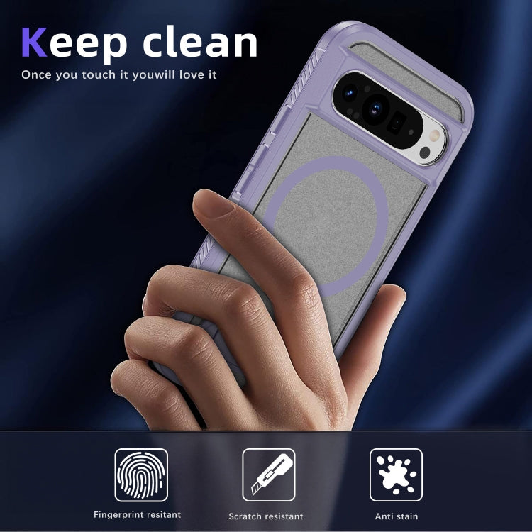 For Google Pixel 9 Pro Guard MagSafe Holder Matte PC Hybrid TPU Phone Case(Purple Transparent) by buy2fix