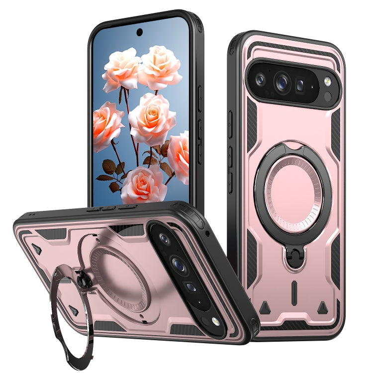 For Google Pixel 9 / 9 Pro PC Hybrid TPU Armor MagSafe Ring Holder Phone Case(Rose Gold) by buy2fix