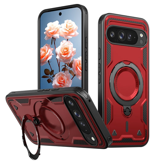 For Google Pixel 9 Pro XL PC Hybrid TPU Armor MagSafe Ring Holder Phone Case(Red) by buy2fix