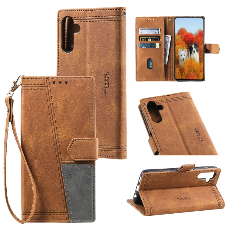 For Samsung Galaxy S25 5G TTUDRCH Embossed Line Splicing Leather Phone Case(Brown) by buy2fix