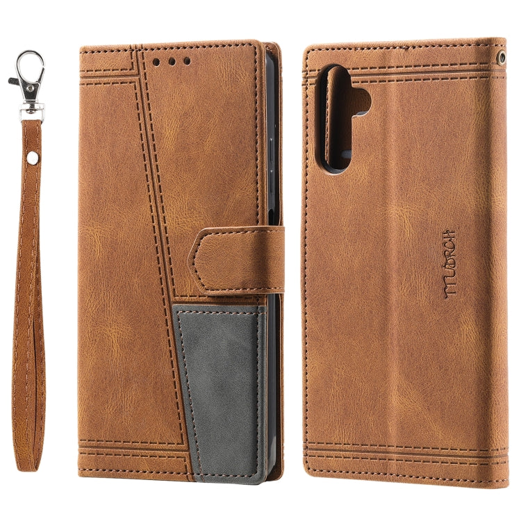 For Samsung Galaxy S25 5G TTUDRCH Embossed Line Splicing Leather Phone Case(Brown) by buy2fix